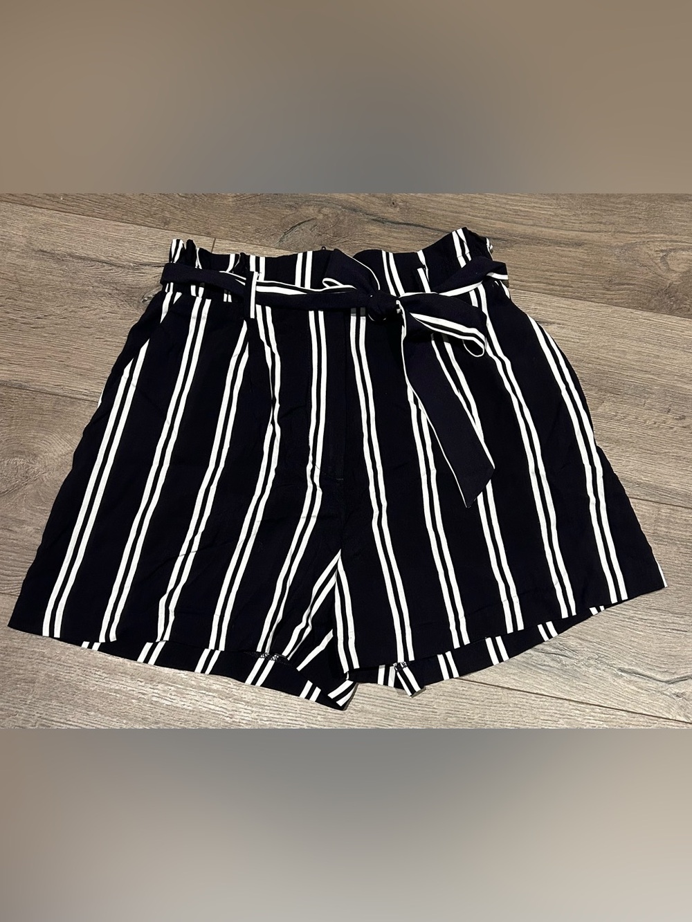 H&M Black and White Vertical Stripe Paperbag Waist Shorts With Tie Belt